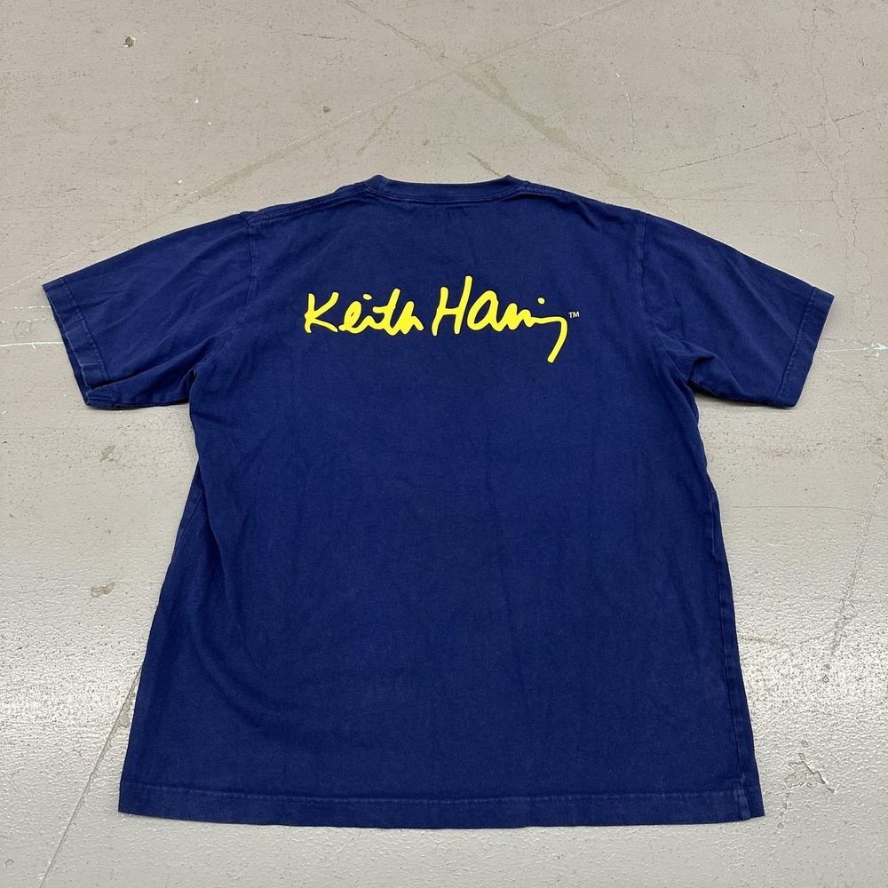Uniqlo Keith Haring Shirt Mens Large Navy Blue Pocket Back Logo Graphic Tee
